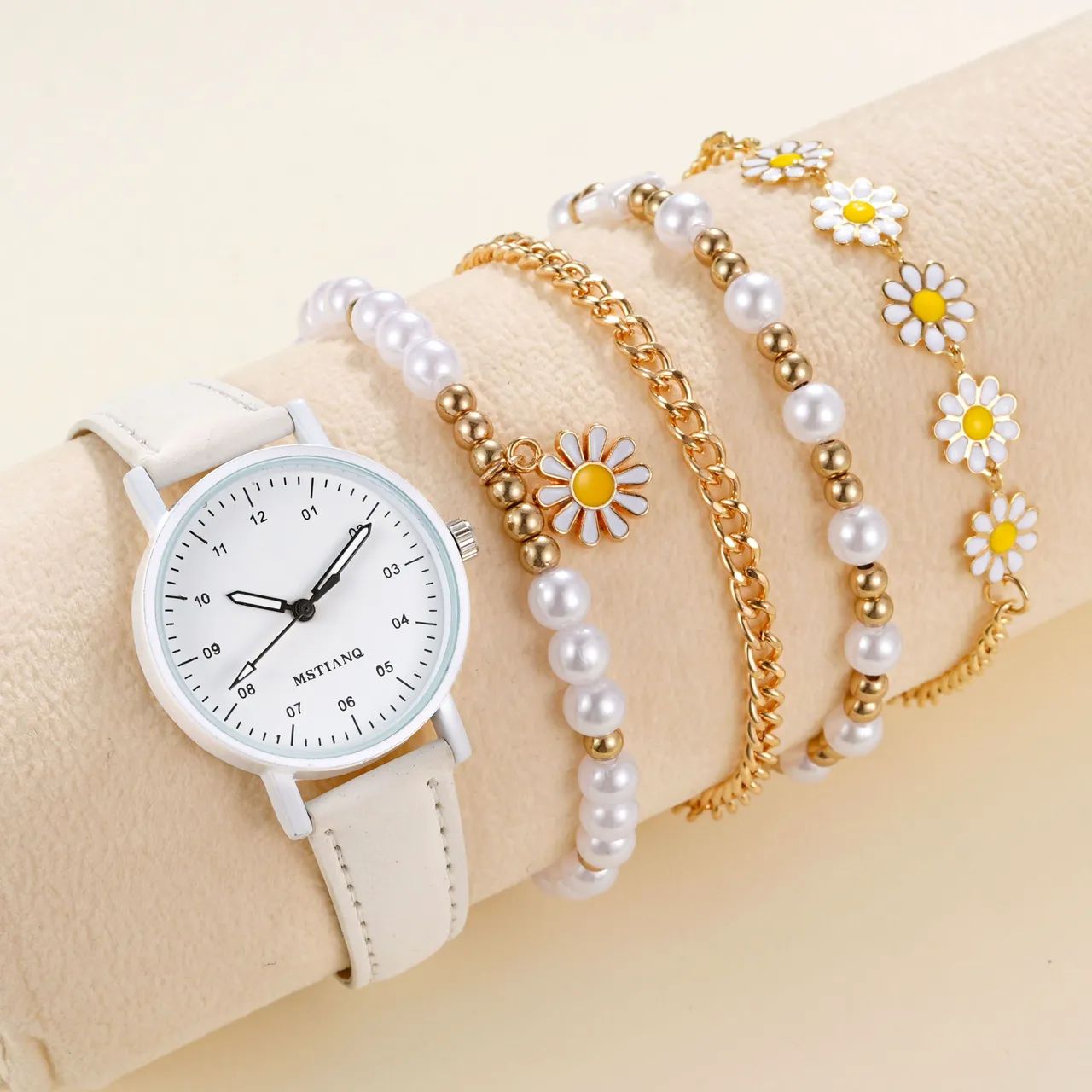 Combo Relógio Feminino Branco + 4 Pulseiras Casual - Beleza e Estilo com Pérolas  - Foto 3