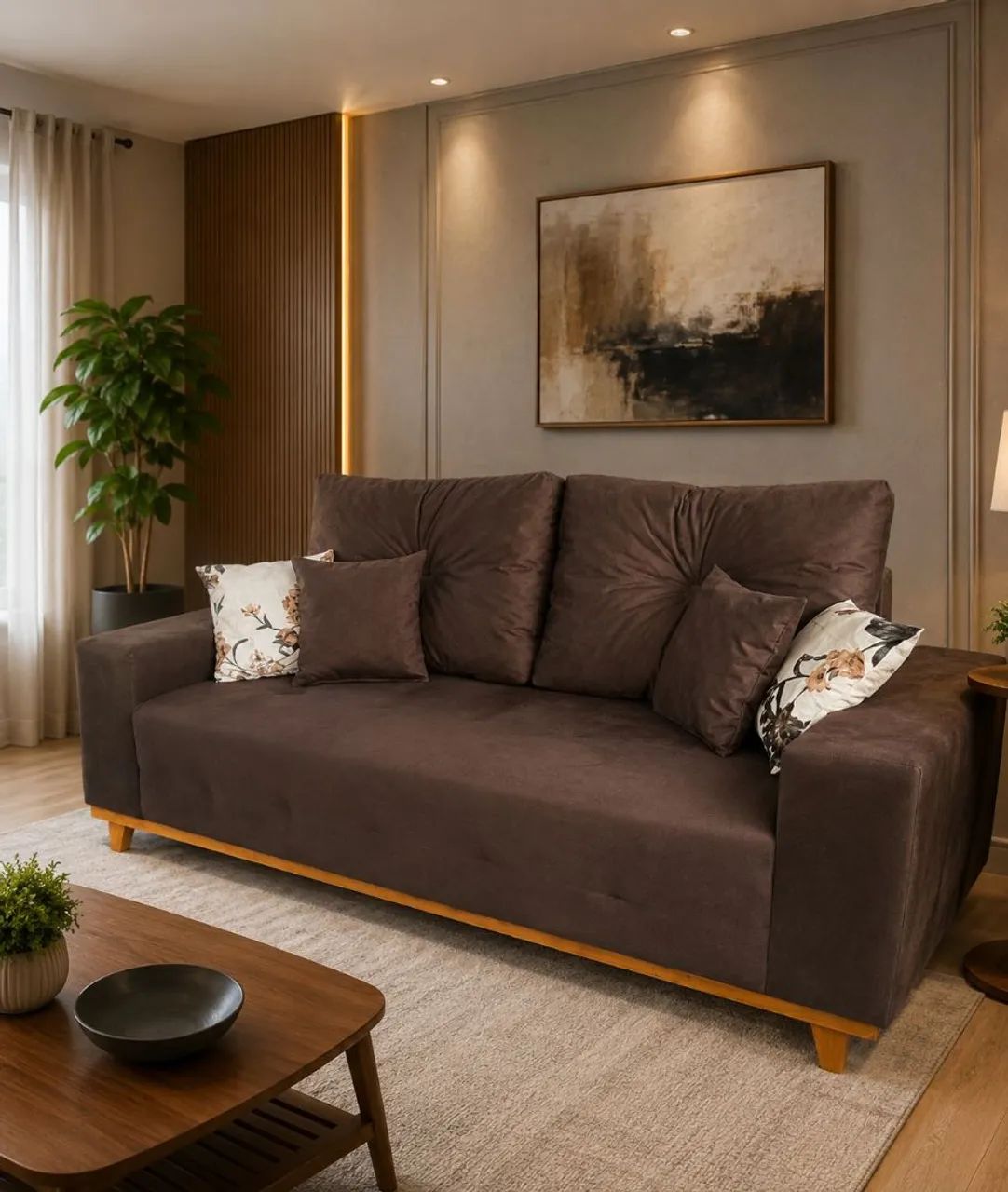 Sofá retrô quadrado 3 lugares com 4 almofadas decorativas grátis 