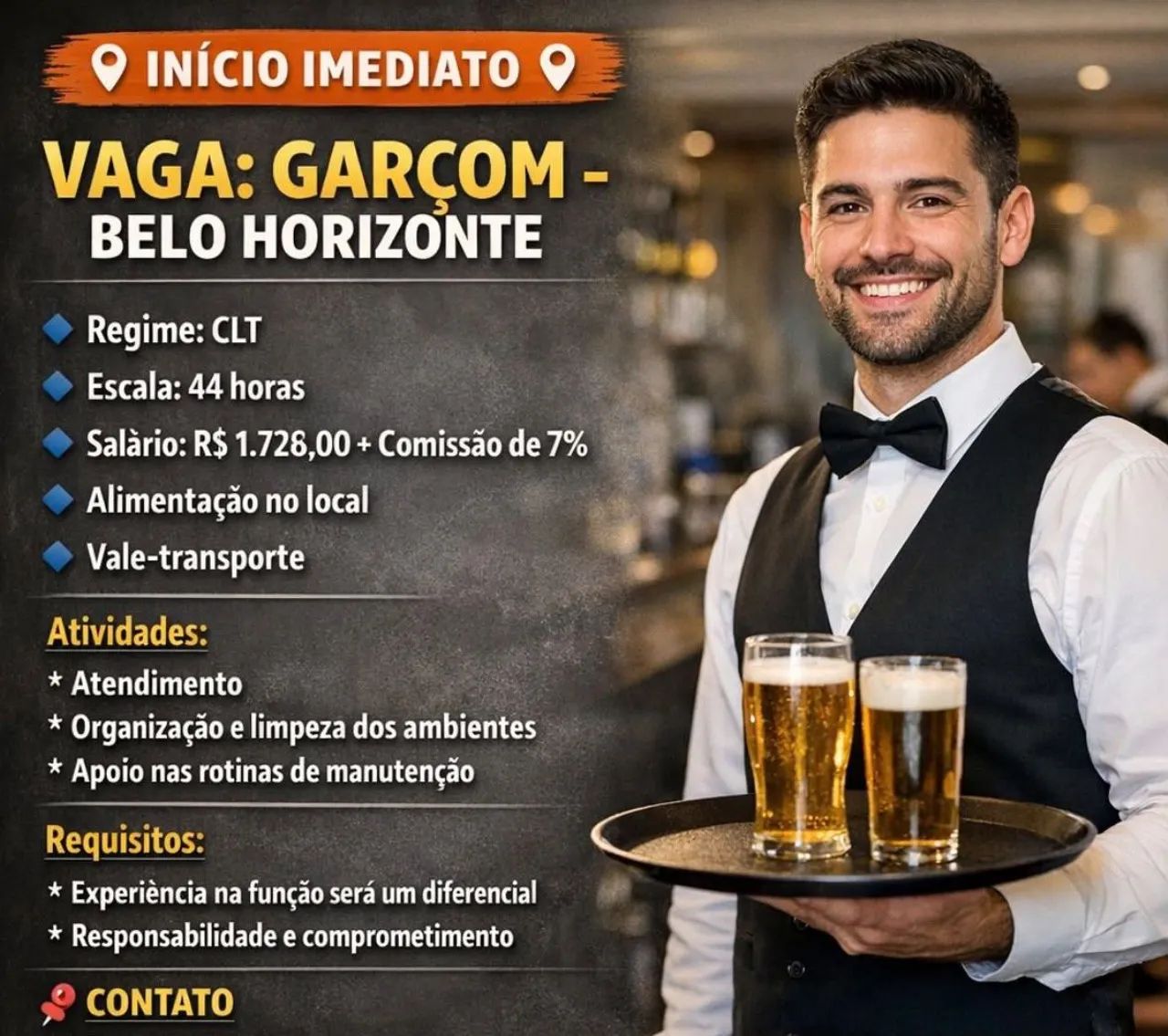 Contrata-se Garçom- Centro BH