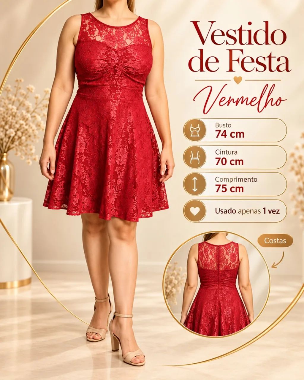 Vestido Mid Vermelho de Renda - Foto 2