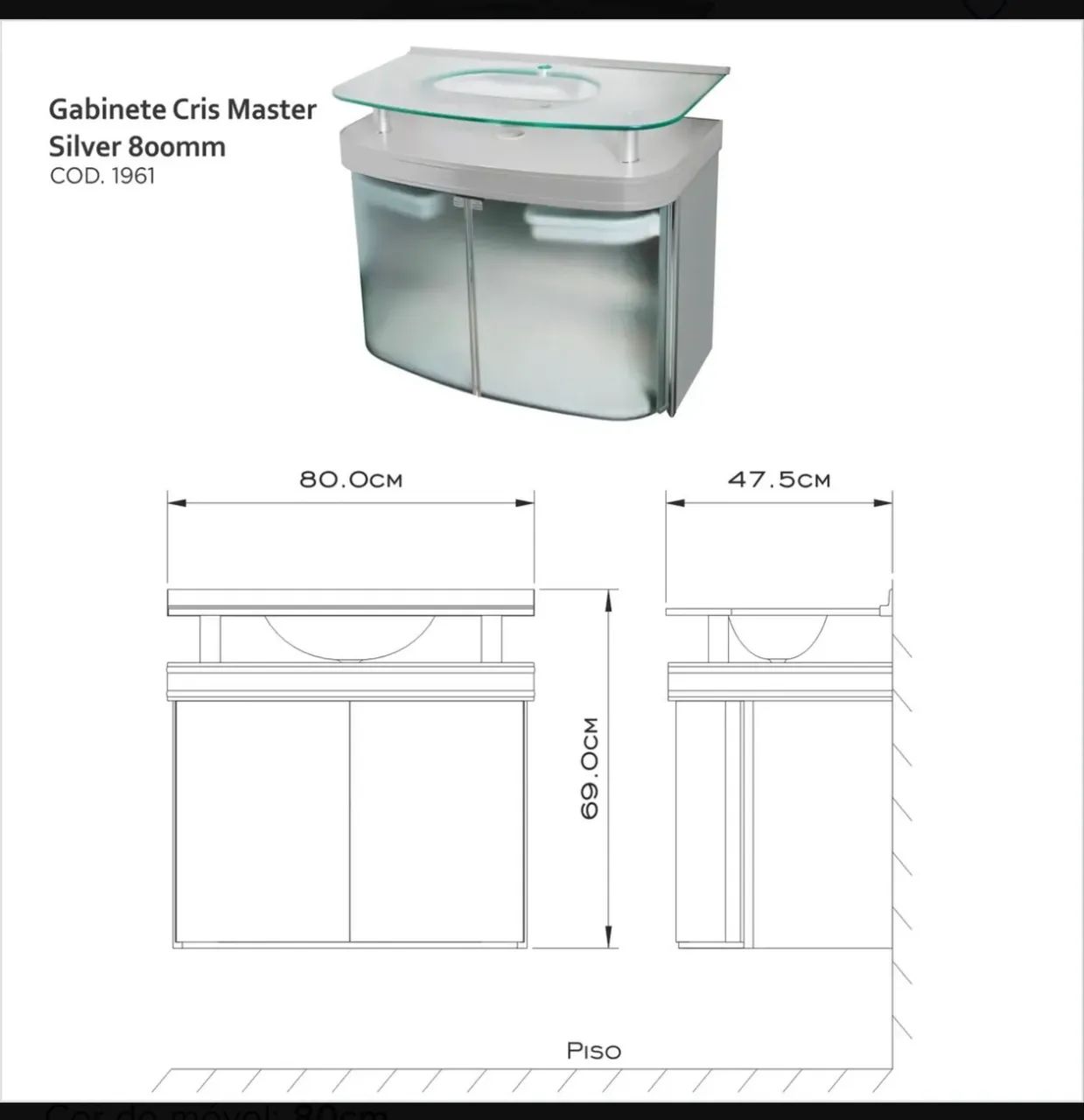 Gabinete Banheiro Cuba Vidro Cris Standard 80cm - Foto 3