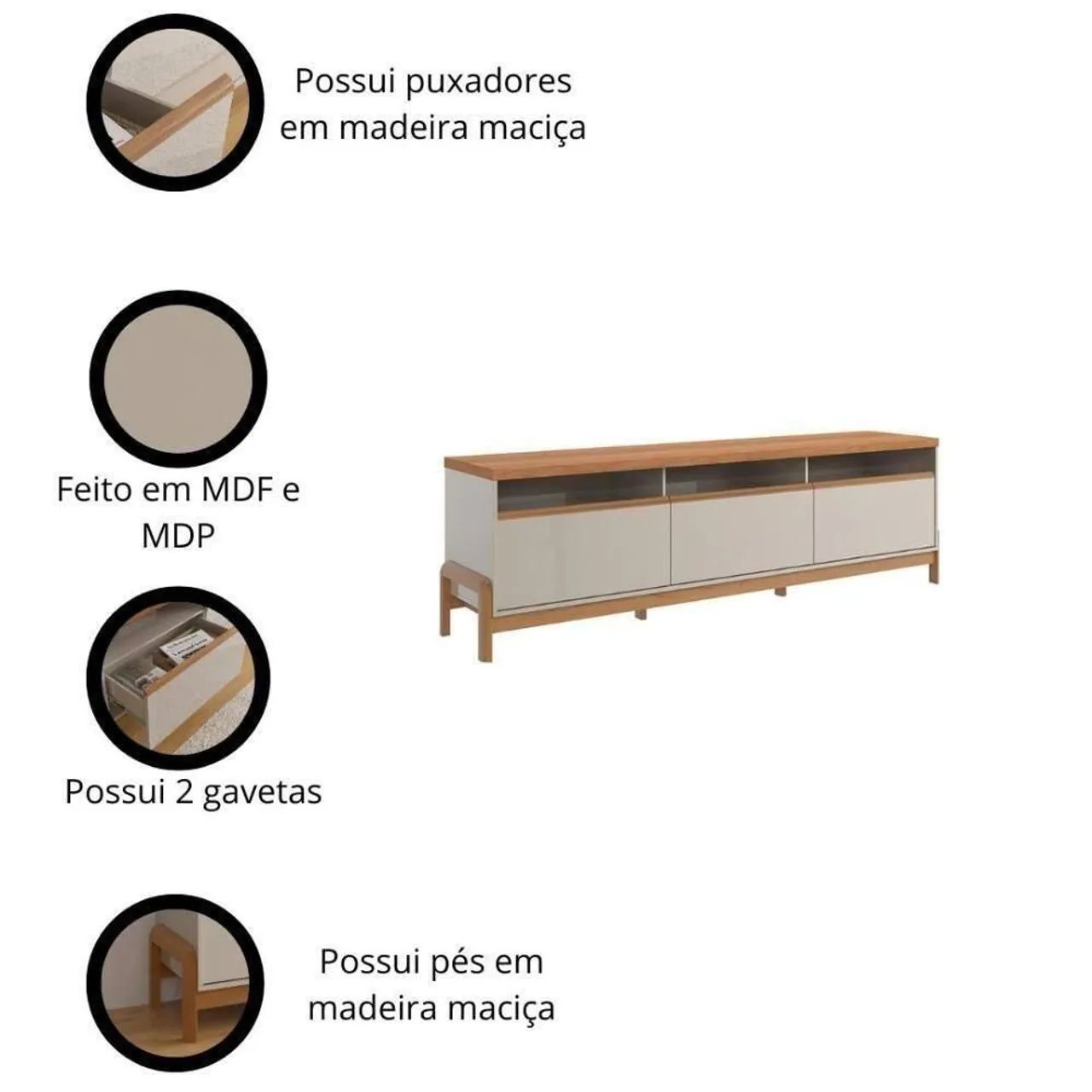 Rack 2.1 Elegance para TV até 75 polegadas 1 Porta 2 Gavetas Off/Jequitibá - Lukaliam<br> - Foto 2