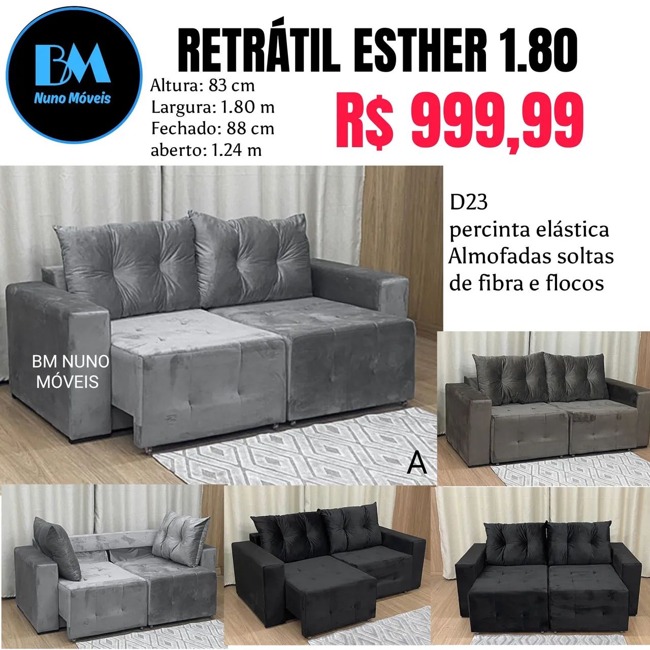 Sofá retrátil reclinável em Suede  - Foto 4