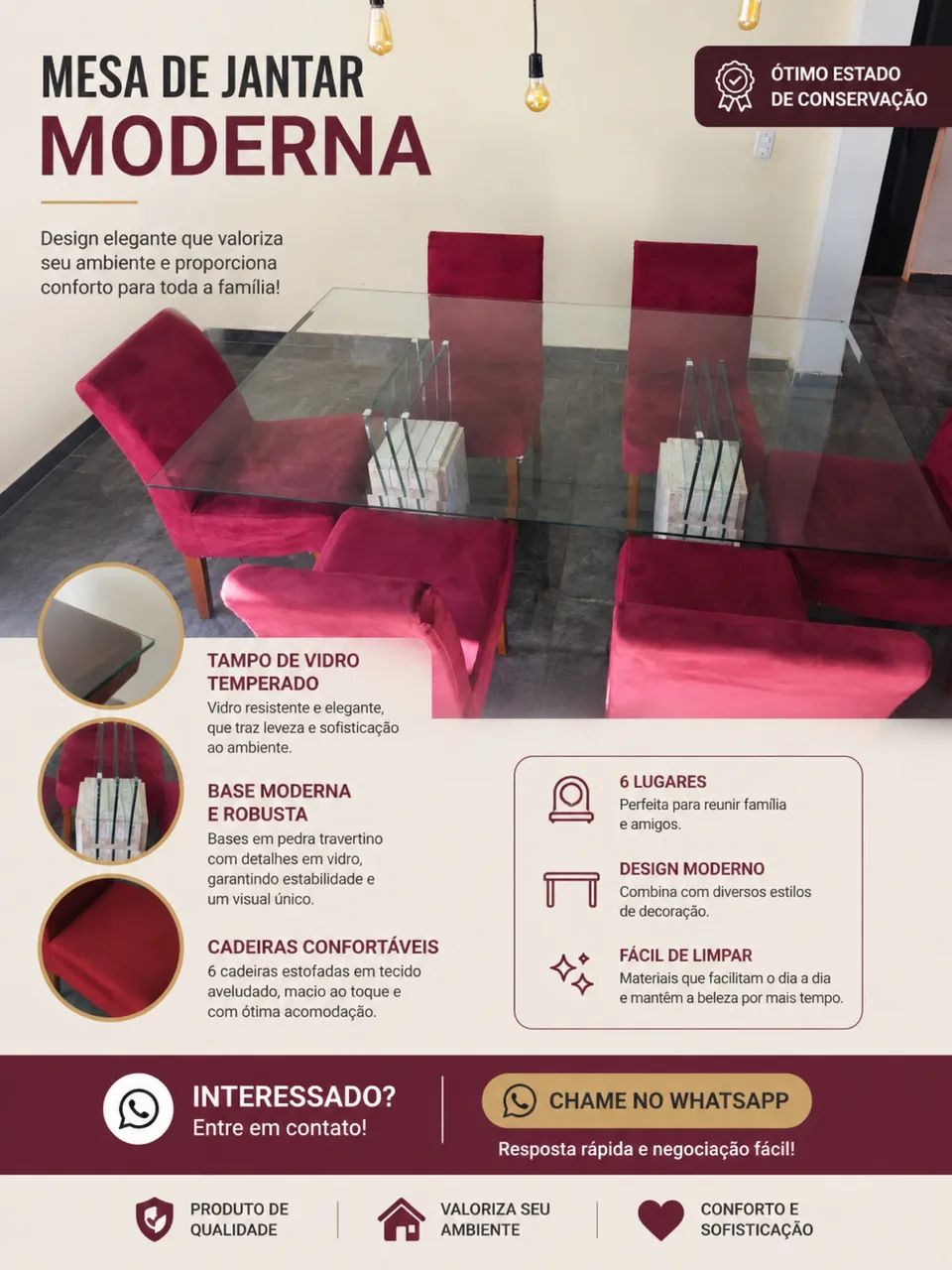 MESA DE JANTAR COM TAMPO DE VIDRO - Foto 2