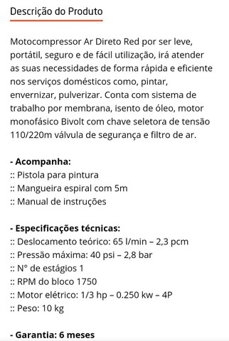 Compressor de Ar Direto Red 2,3 Pés 40PSI Mono Bivolt com Pistola e Mangueira - CHIAPERINI - Foto 2