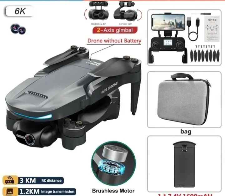 Drone com Câmera 6K, 3KM de Alcance, GPS, Brushless Motor, 2 Eixos