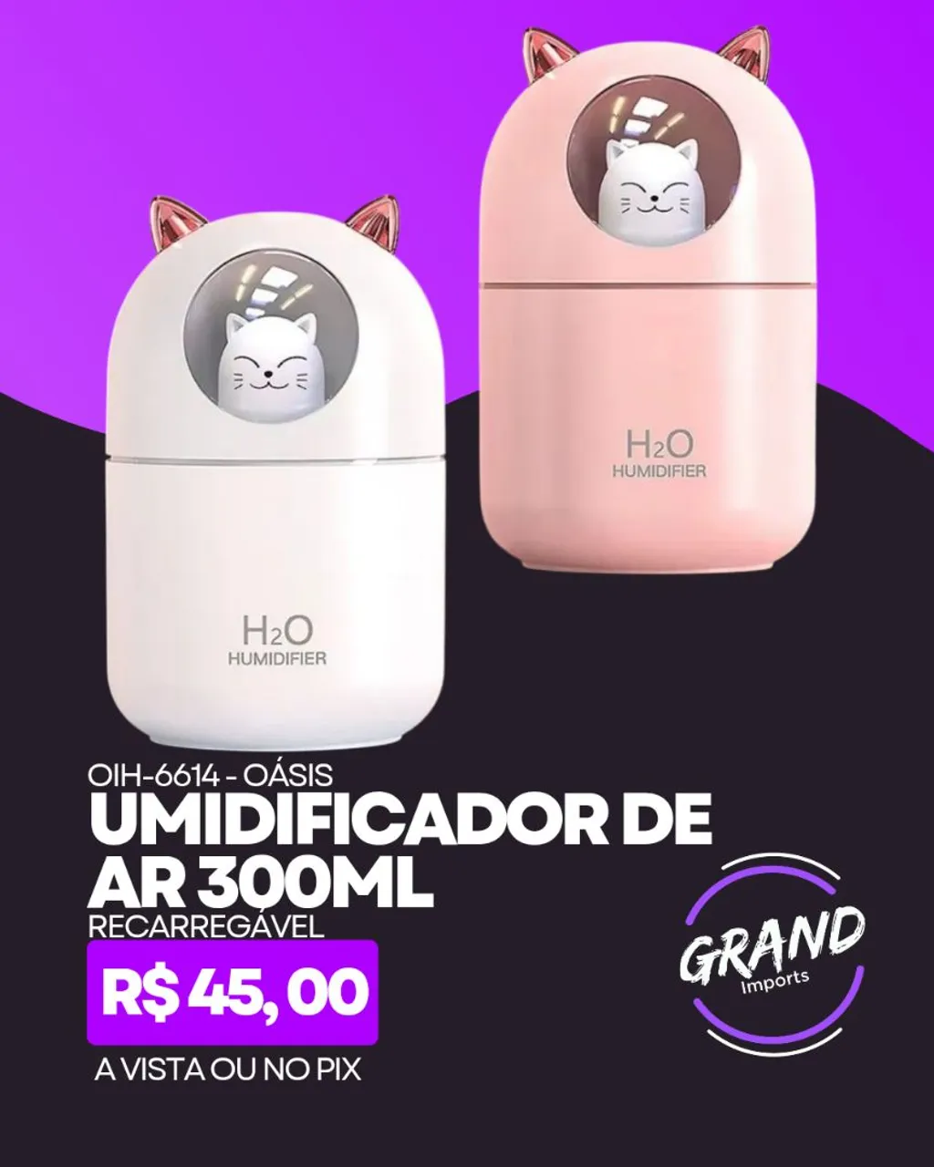 Umidificador de Ar 300ml - Gato - Recarregável - Oásis