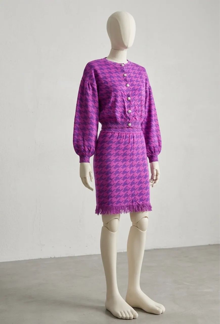 Conjunto Tricô Pied de Poule Rosa e Roxo - Tamanho M