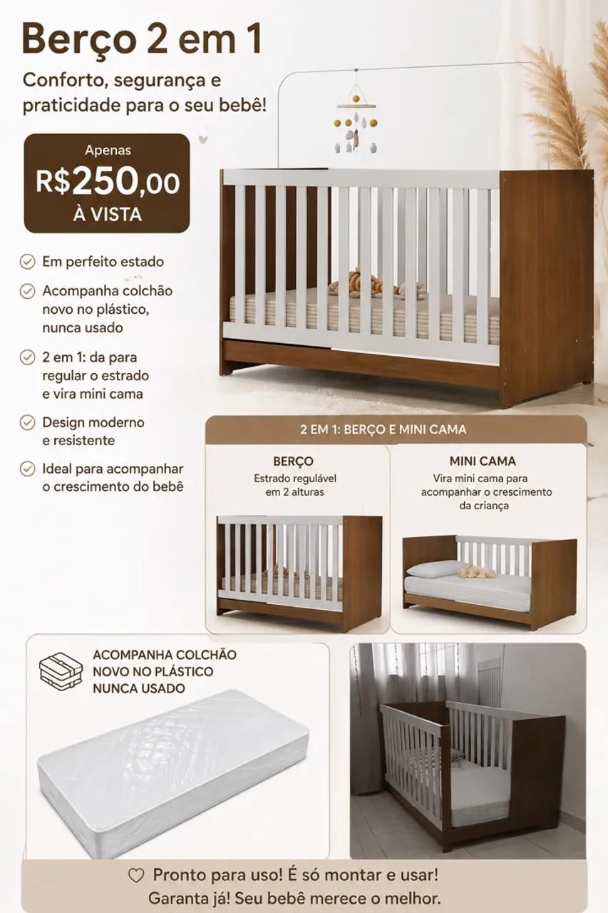 Berço bb 2 em 2 com colchão 