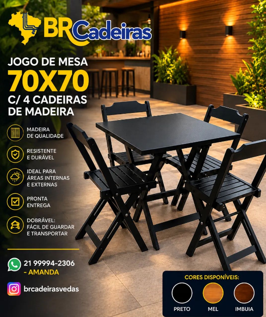 JOGO DE MESA COM CADEIRAS DE MADEIRA 70X70