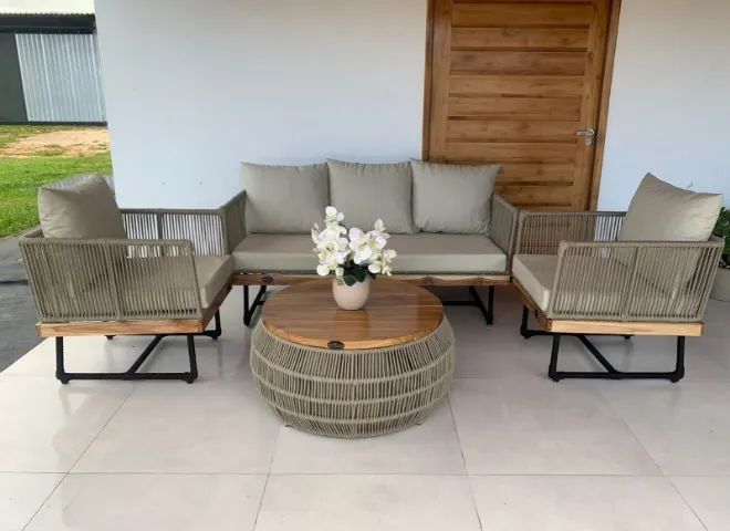 CONJUNTO DE SOFÁ AMERICA COM BORDA EM MADEIRA TECA - Foto 2