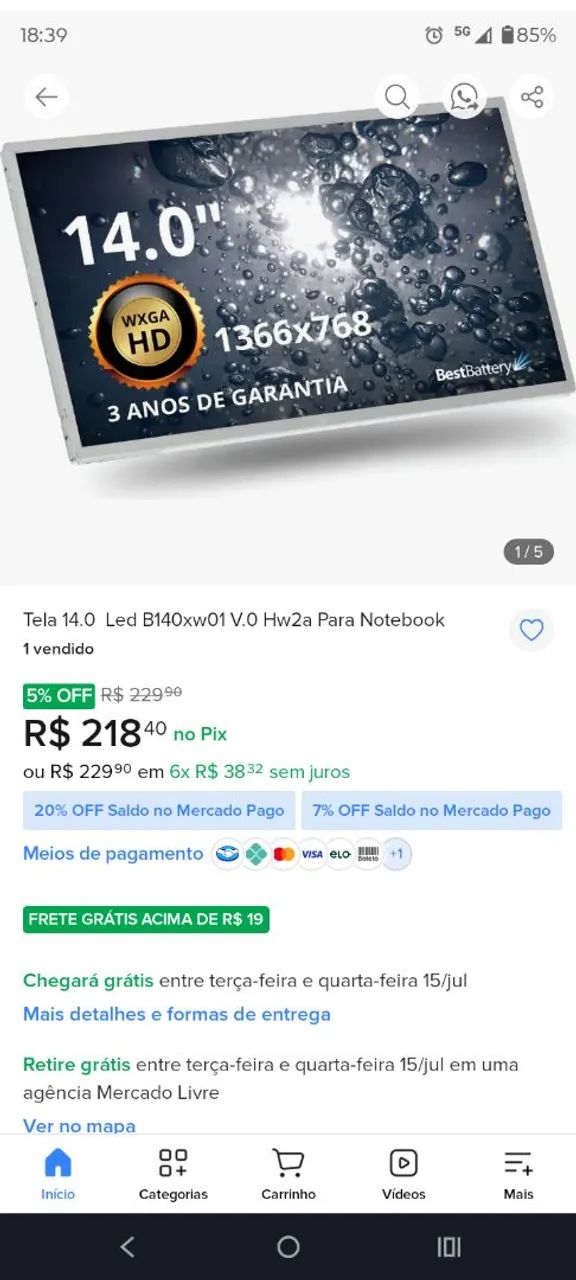 Tela de notebook 40 pinos lcd