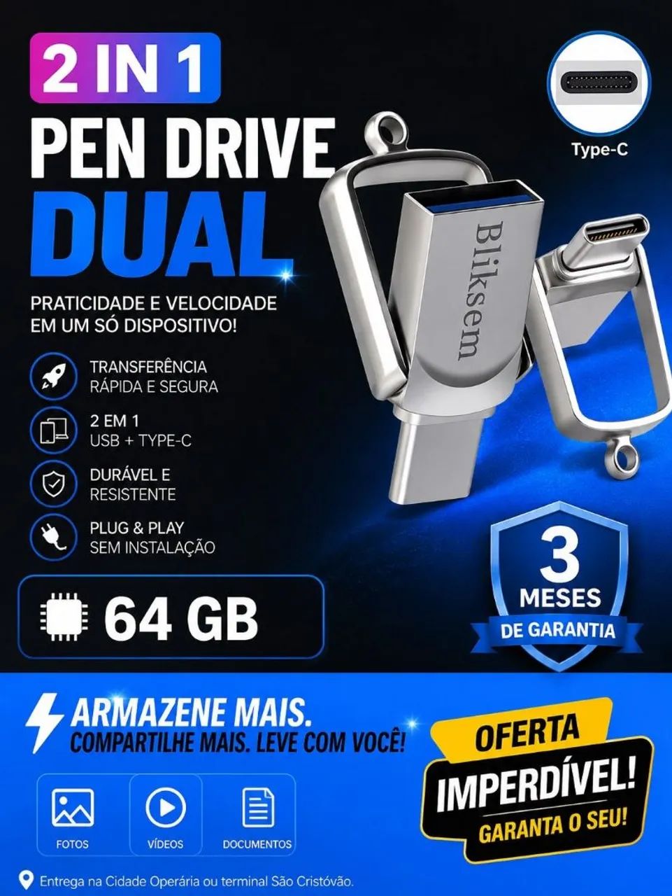 Pendrive 2 em 1 64 GB