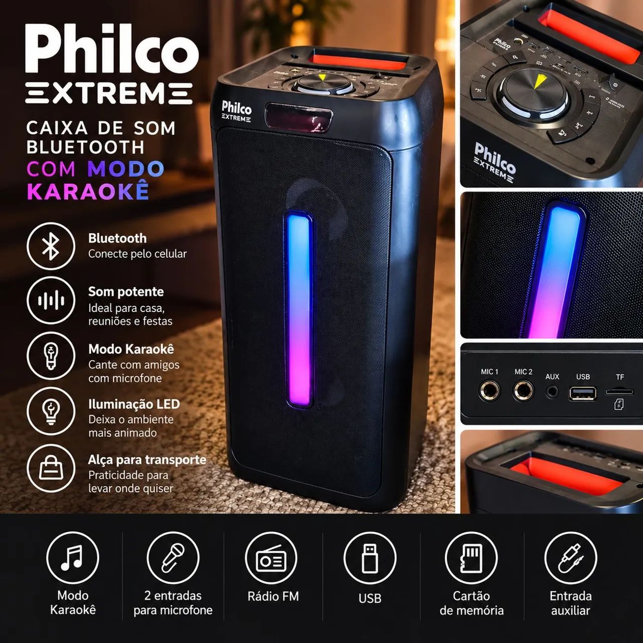 Caixa de Som Philco Extreme Bluetooth com LED