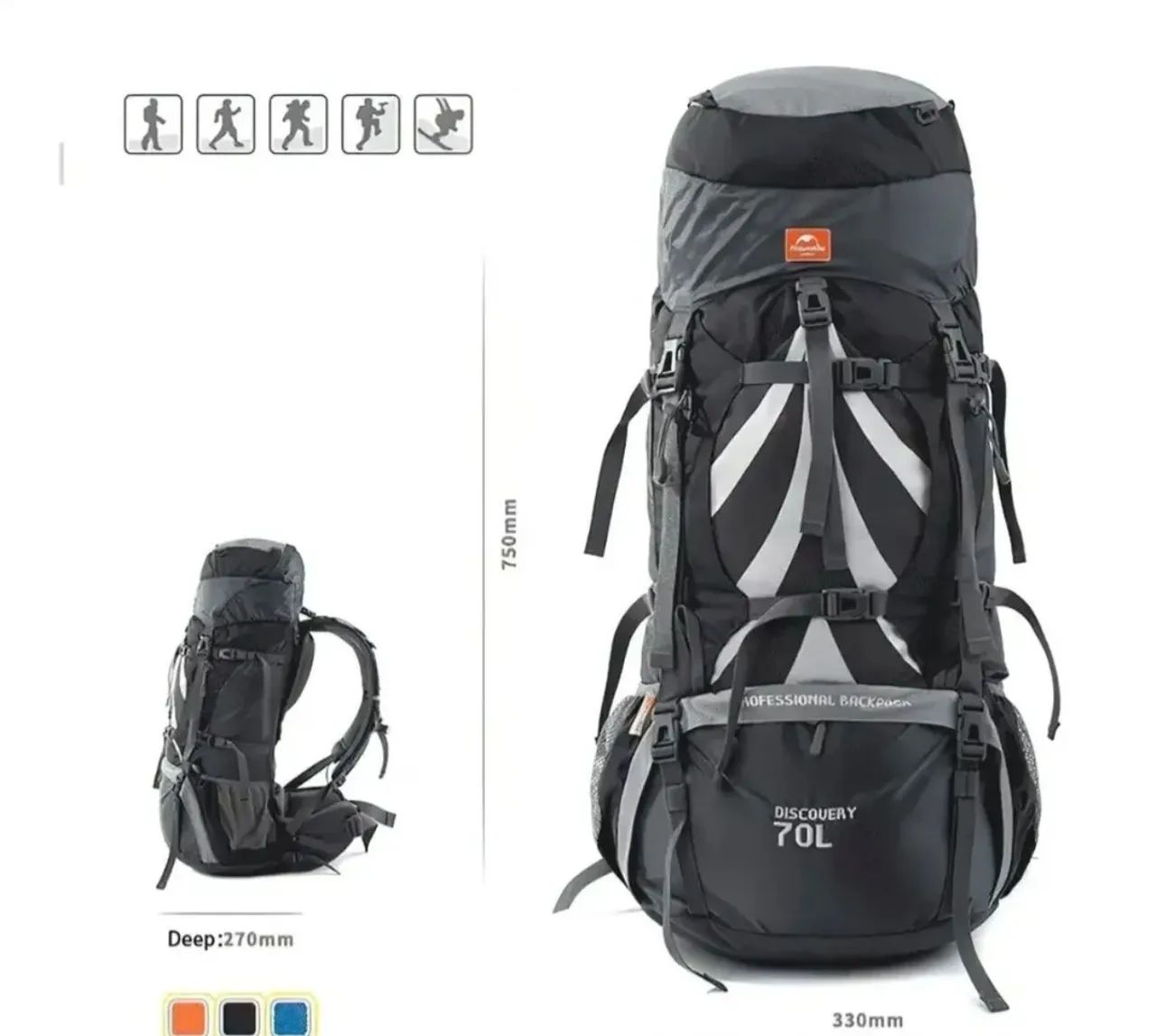 Mochila Naturehike Discovery de 70+5 L, cor preta e cinza.  - Foto 2