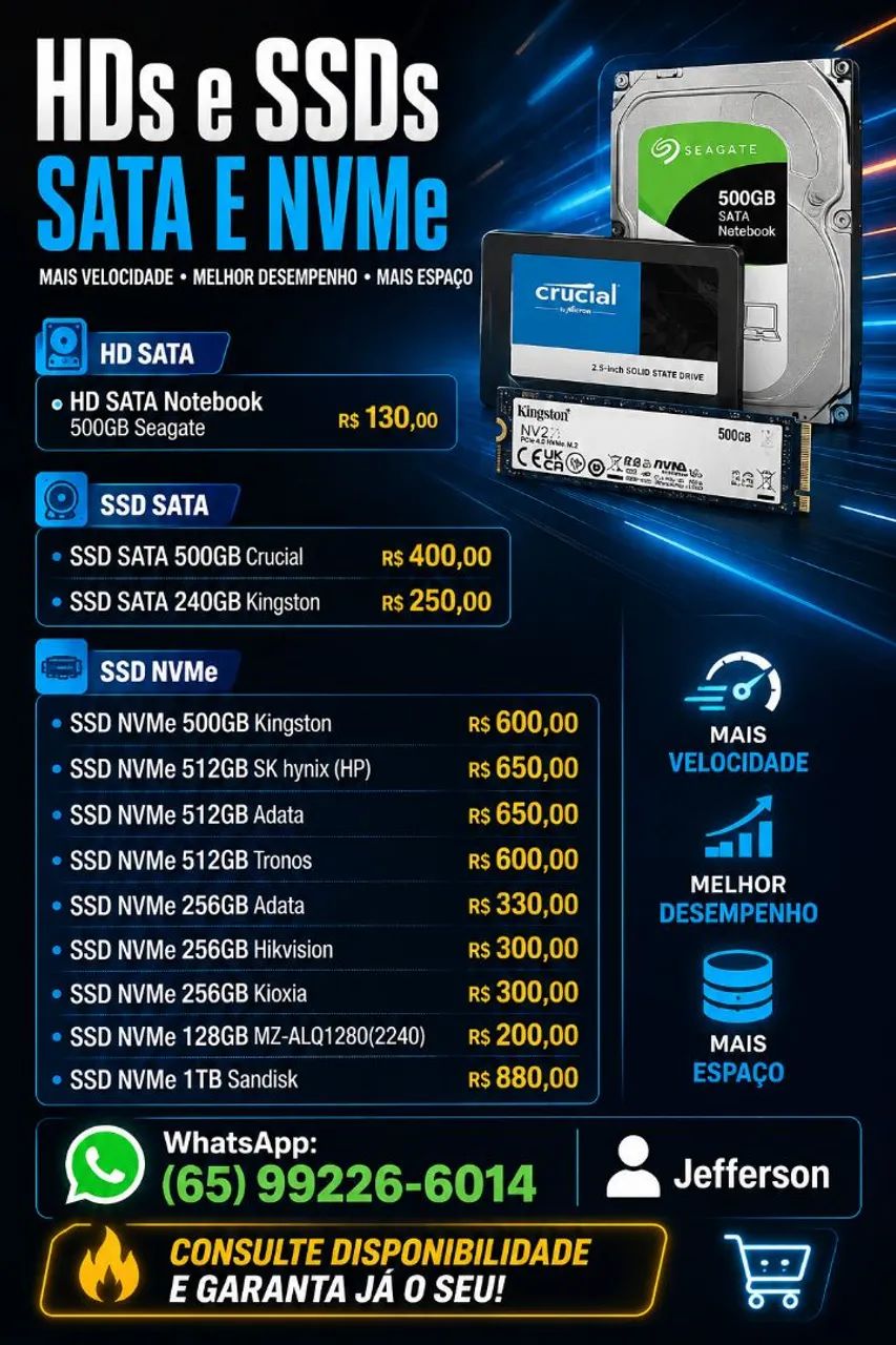 HDs e SSDs NVME  e SATA - Armazenamento e desempenho para seu computador! 