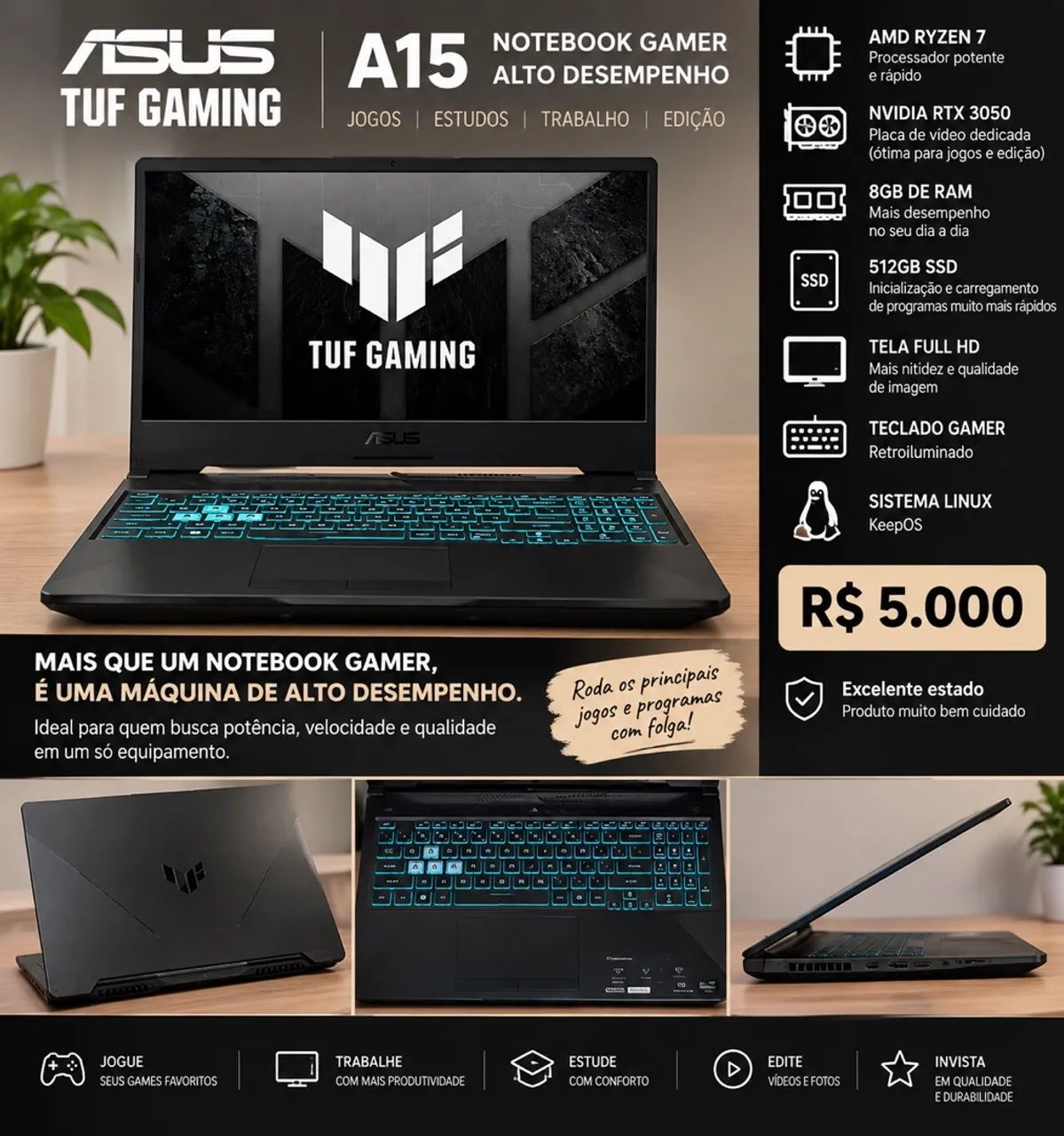 Notebook Gamer ASUS TUF Gaming A15 - Ryzen 7 + RTX 3050 - Foto 2