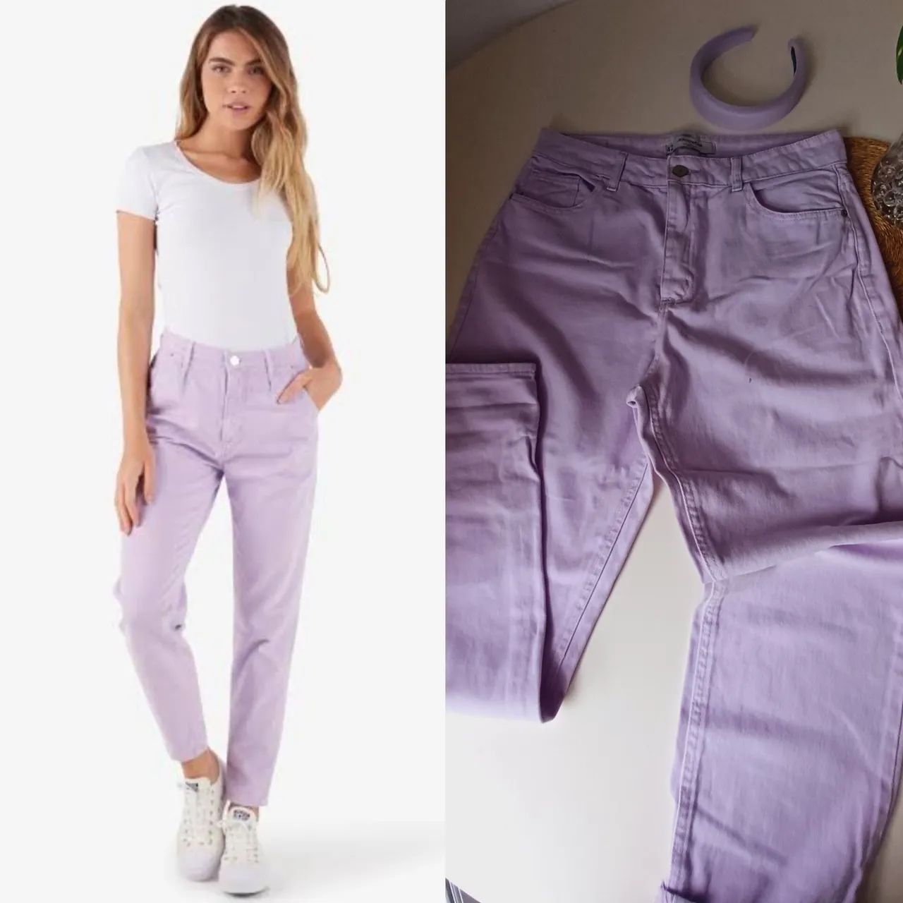 Calça Mom 42 + Tiara lilas novos 
