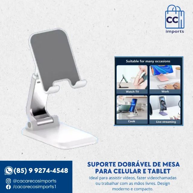 Suporte de Mesa Dobrável e Ajustável - Para Celular e Tablet, Cor Branca