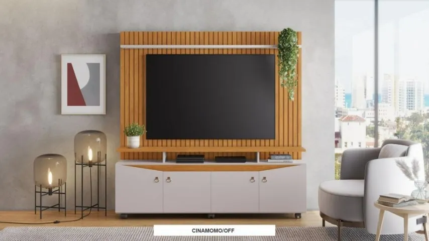"Design e Mobilidade: Home com Rodízios e Detalhe Ripado para TV até 65? + Montagem Grátis