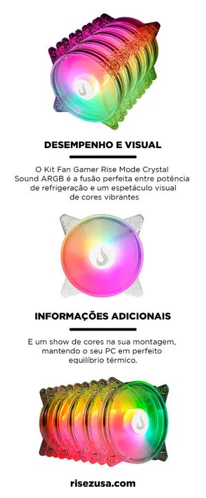 Kit 5 Cooler Fan Rise Mode Crystal Sound, 120mm, ARGB, Transparente, NOVO, Lacrado - Foto 6