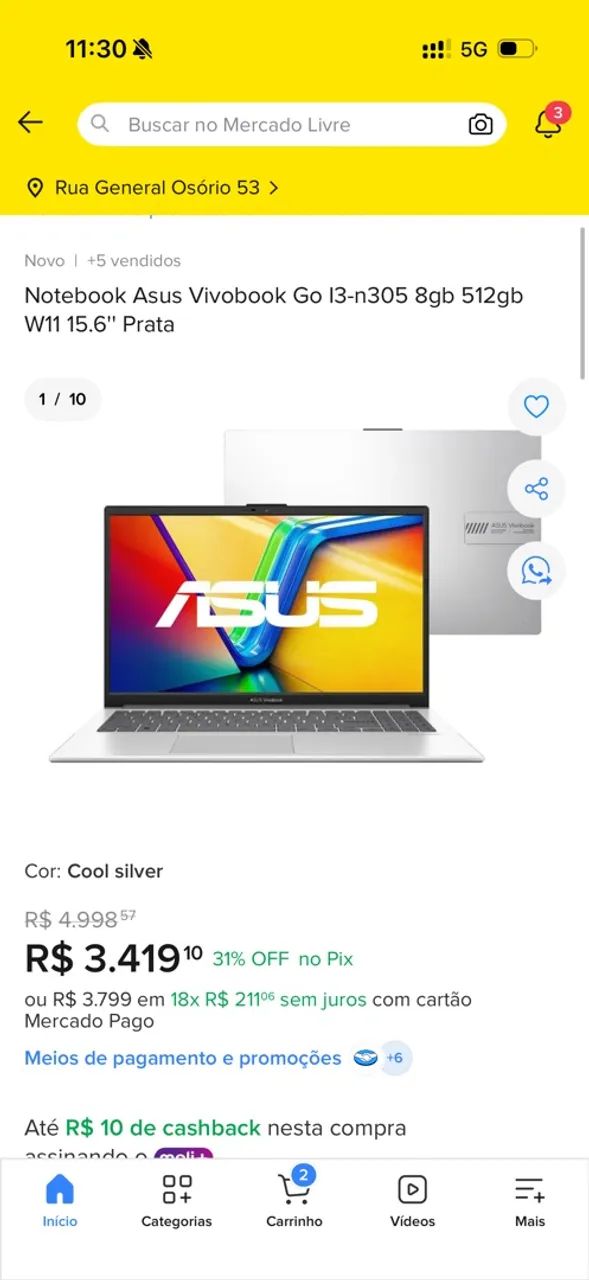 Notebook vivobook i3 8gb