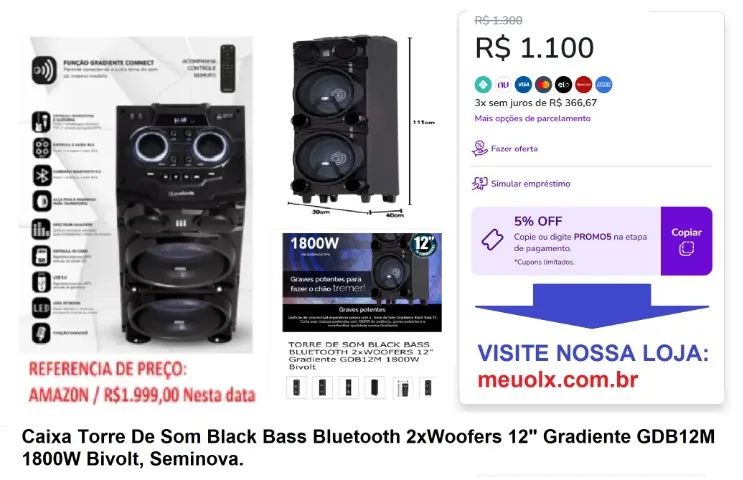 Caixa Torre De Som Black Bass Bluetooth 2xWoofers 12" Gradiente GDB12M 1800W  Seminova.