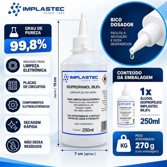 Álcool Isopropílico 99,8% Implastec 250ml Placas Eletrônicas - Foto 3