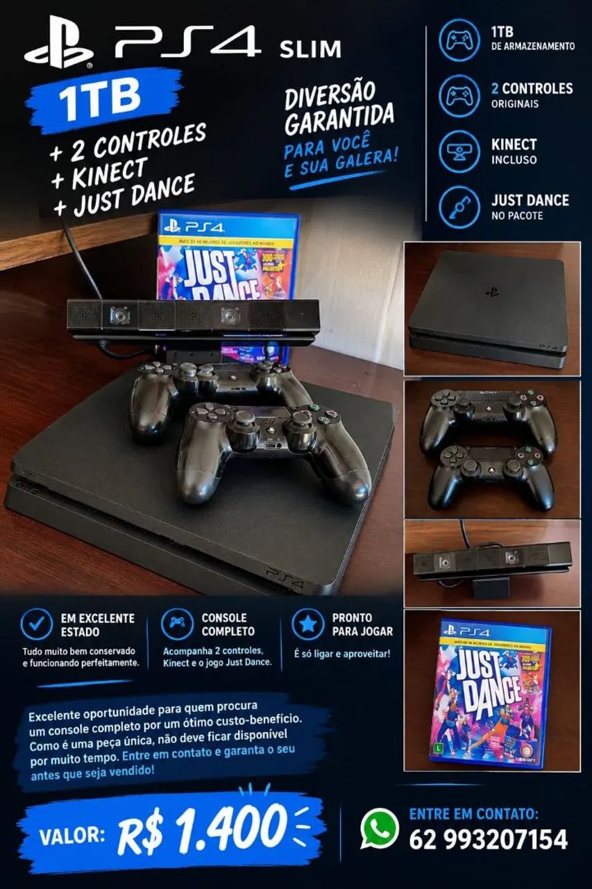 PS4 SLIM 1TB COM KINECT DOIS CONTROLES.  - Foto 2