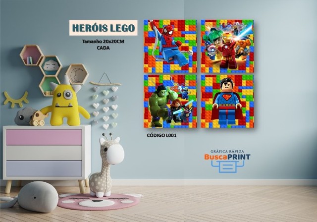 Quadro Placa Decorativa Heróis Lego Mdf 4 Peças| Imagem Brilhante e Resistente.