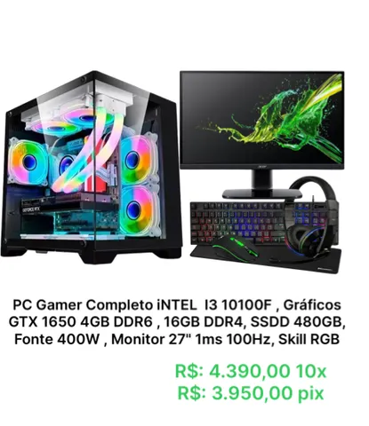 Pc Gamer Completo Intel i3 10100F / RX 550 4GB / 8G DDR4 / SSD 240GB /  Monitor 17 + Kit Gamer Completo