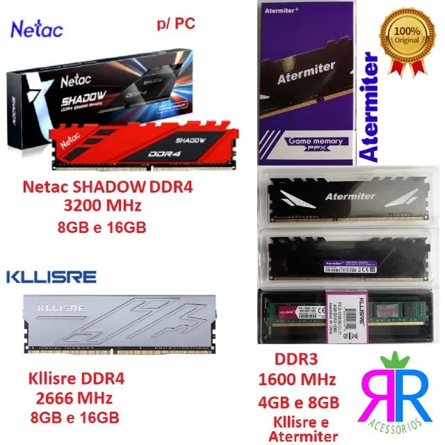 DDR3 e DDR4 p/ PC: 4GB, 8GB e 16GB, 1600, 2666 e 3200 MHz - A partir de R$ 50,00
