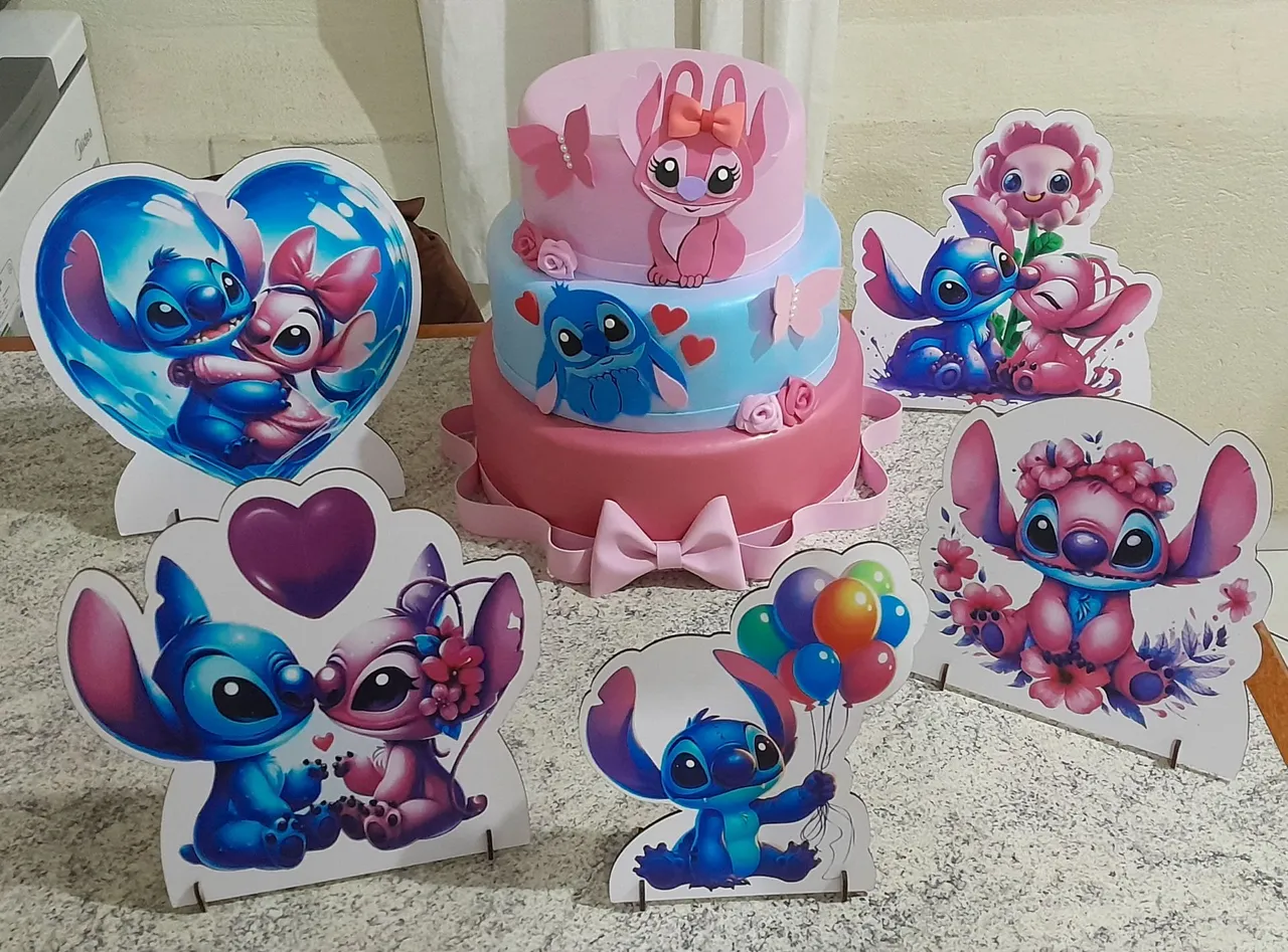 Kit Decoração Stitch e Angel com Bolo, Painel e Displays de mesa - Festa Aniversário