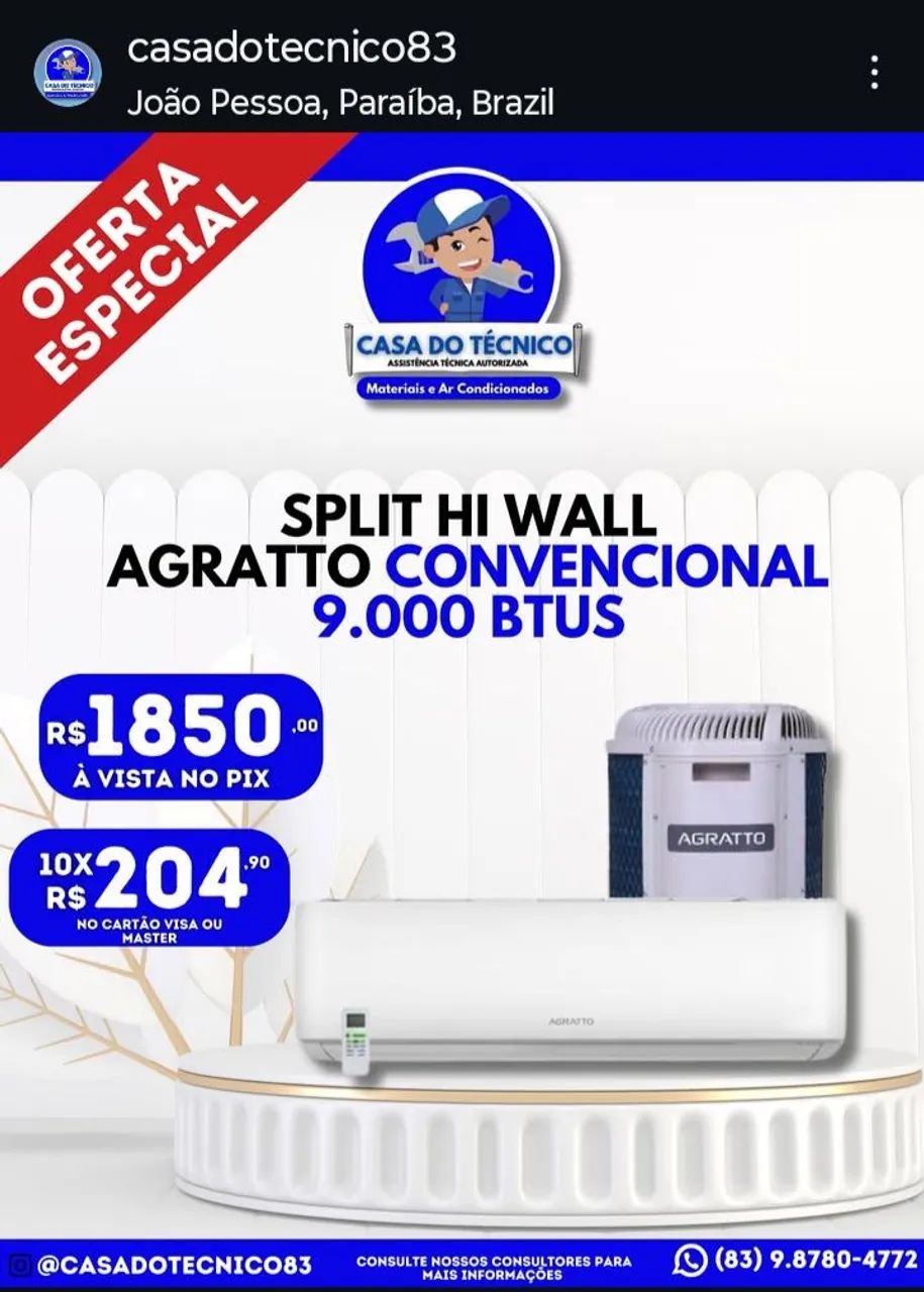 Ar Condicionado Split Agratto 9.000 BTUs Convencional