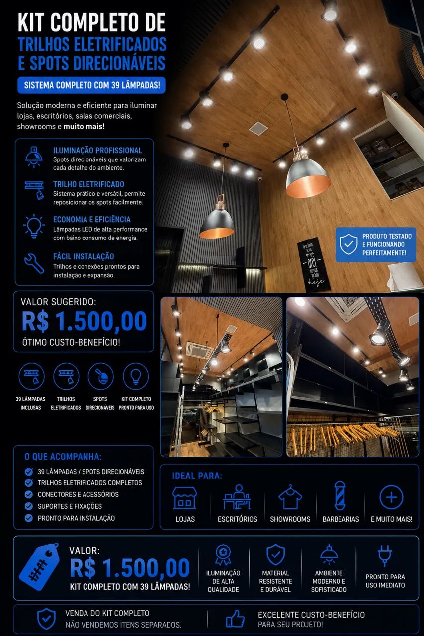 Kit Completo Trilhos Eletrificados com 39 Spots e Lâmpadas LED