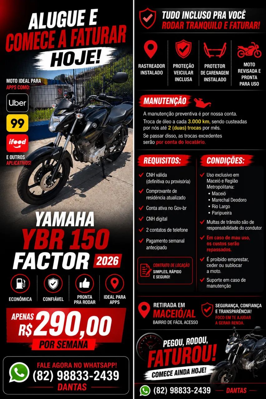 SEM CAUÇÃO - ALUGUEL DE MOTO YAMAHA FACTOR 150 - COMPLETA E PRONTA PRA TRABALHO