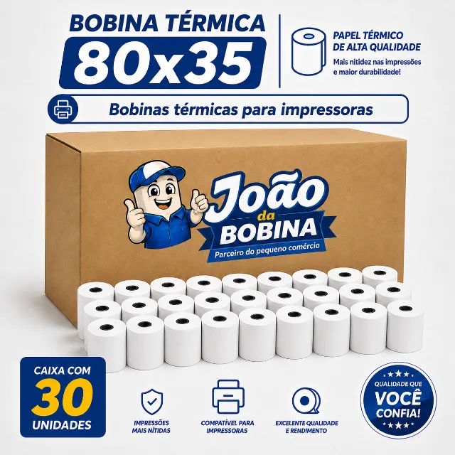 BOBINA TERMICA 80MM X 35M BRANCA CAIXA COM 30 UNIDADES IMPRESSORA TERMICA
