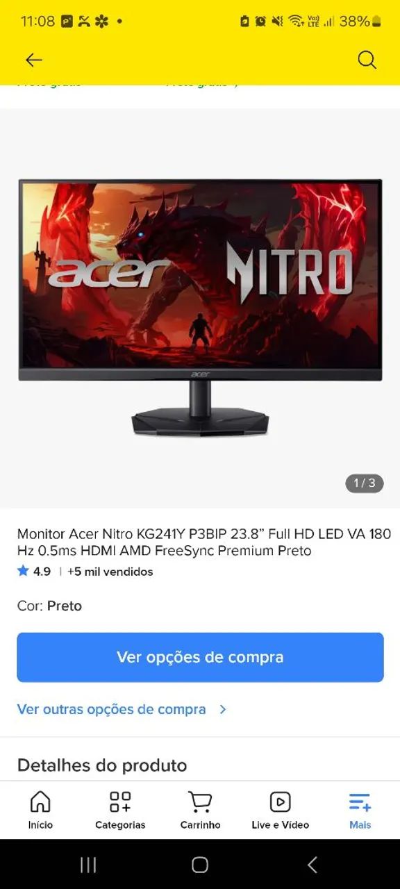 Monitor acer 23 180hz e 0.5ms