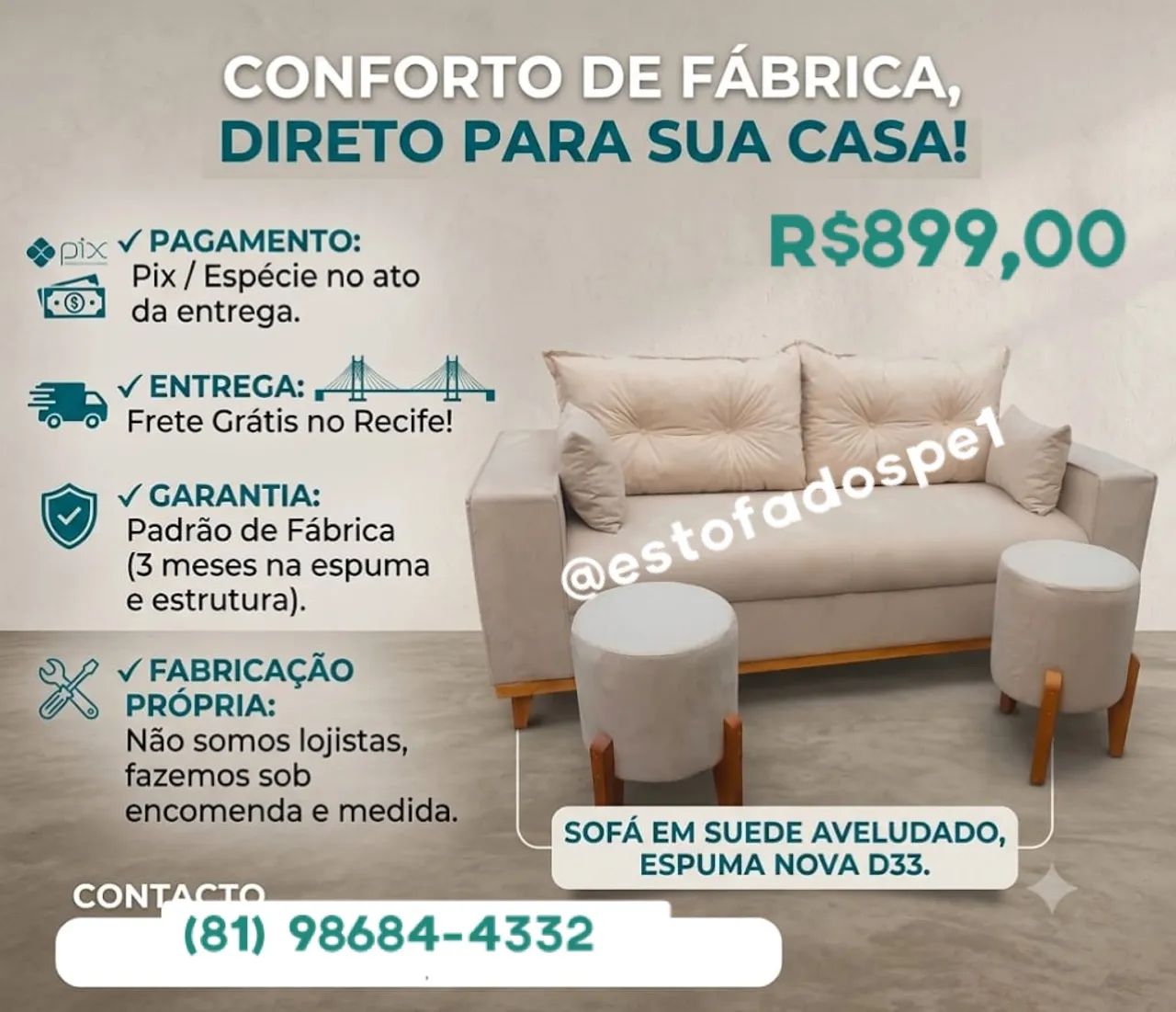 Sofá retrô (fixo) 2 metros em suede aveludado 