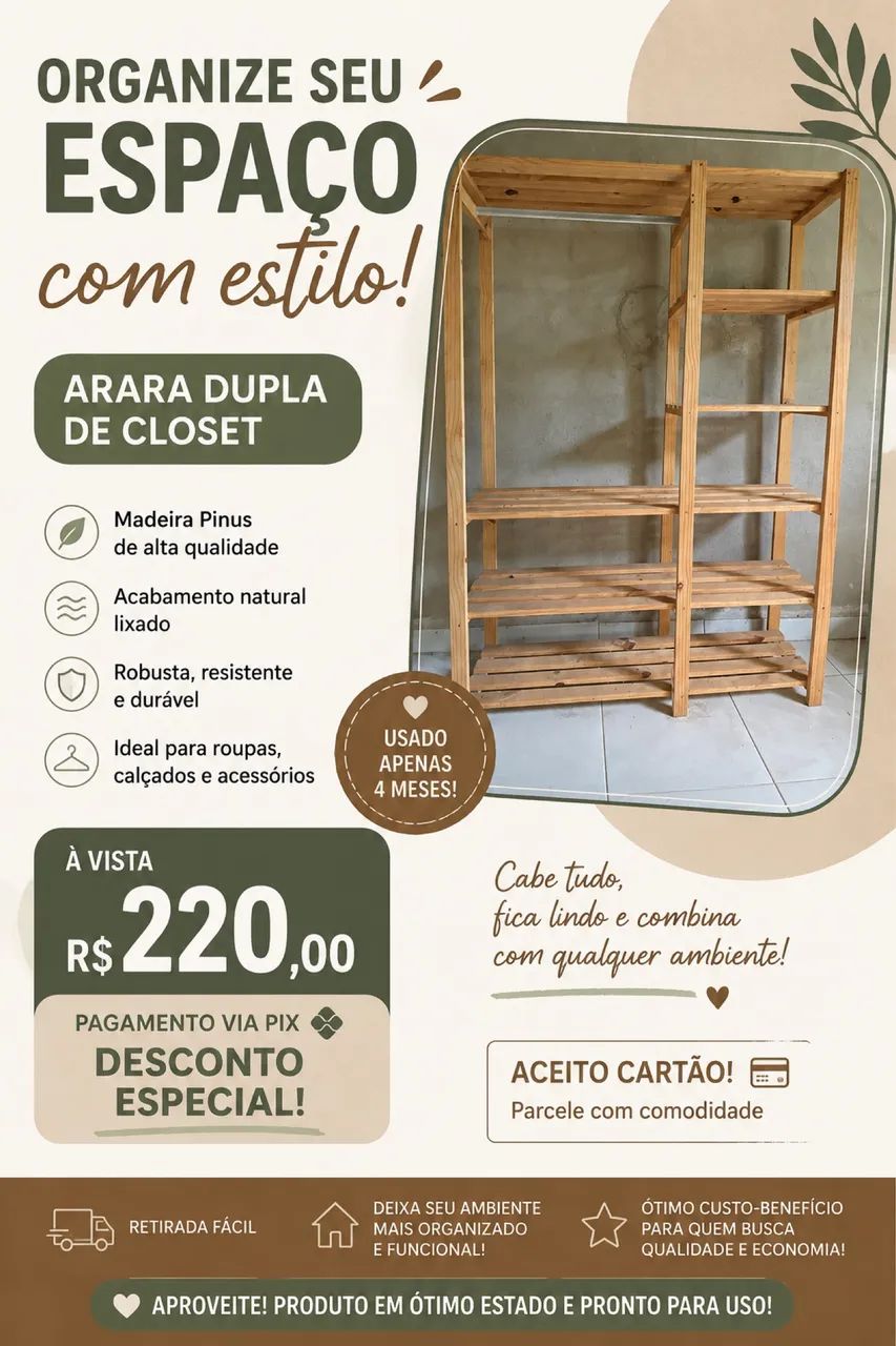 ? ARARA DUPLA DE CLOSET EM MADEIRA PINUS - SEMINOVA! ?