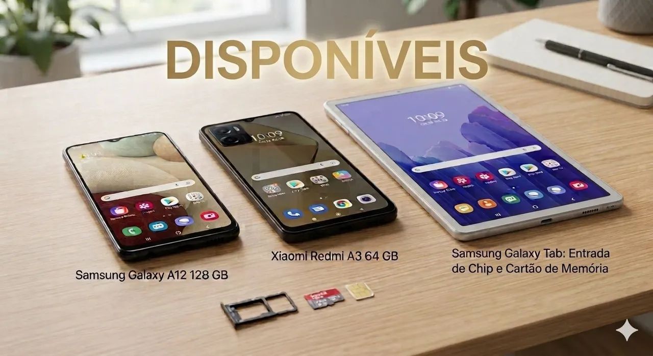 Disponível Samsung A12, Redmi A3, Samsung Tab A7