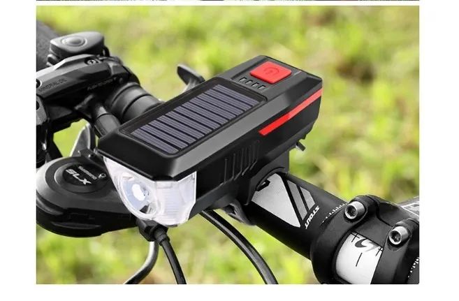 Farol de Bike recarregável Solar/USB com 3 modos LED e buzina integrada