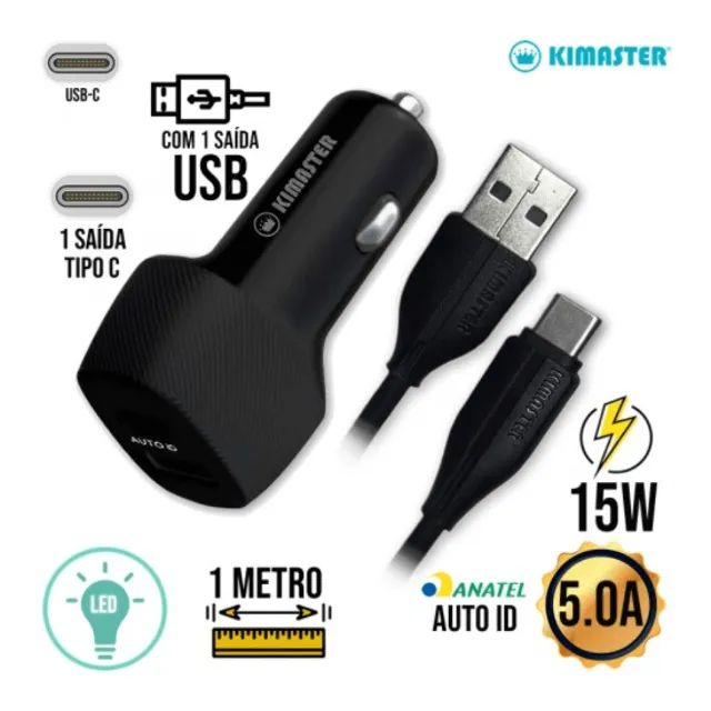 Kit Carregador Veicular + Cabo Tipo-C 15W CV207UC - Kimaster  COD: 3966 - Foto 2