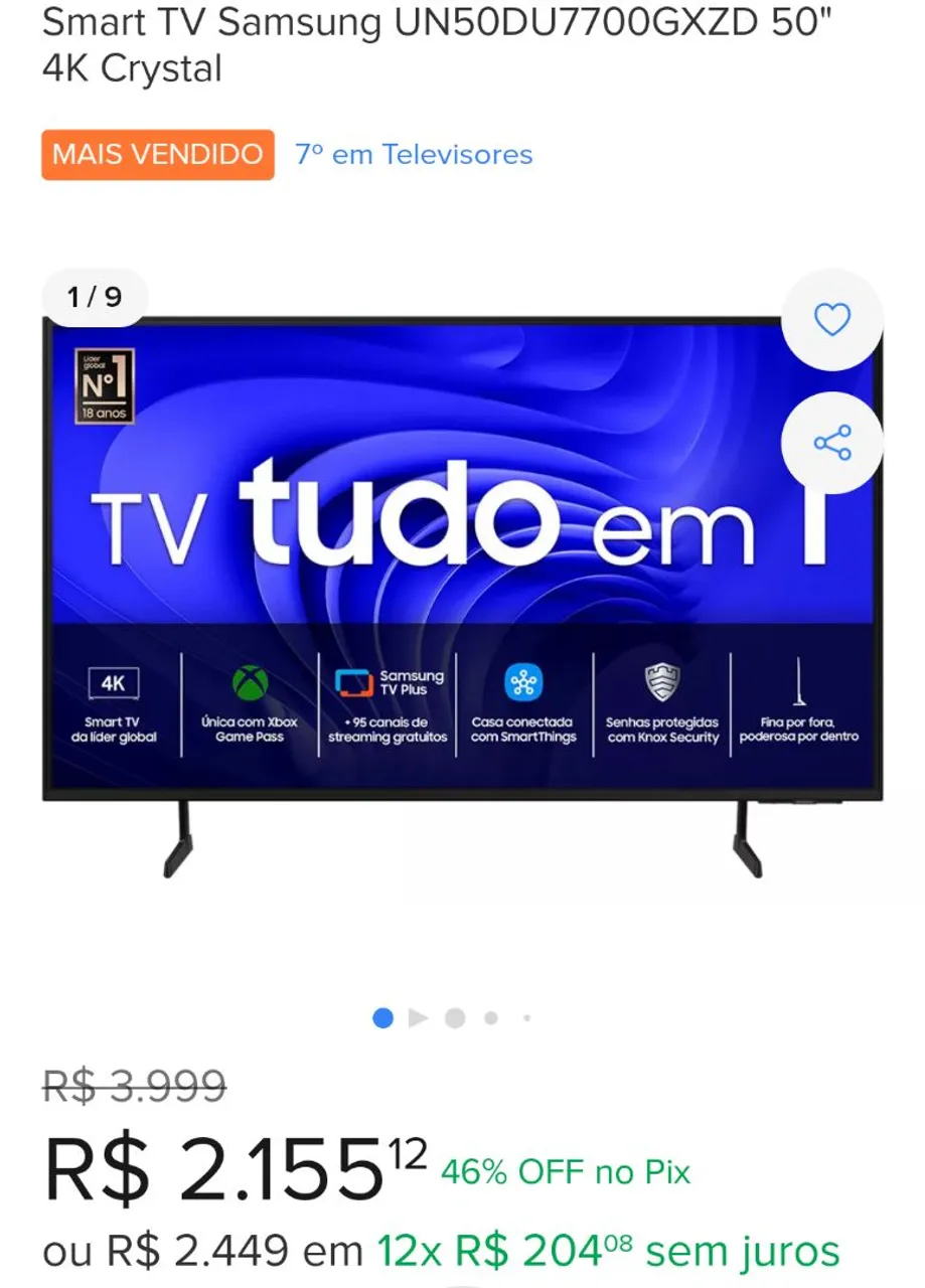 Smart TV Samsung 50" 4K Crystal - UN50DU7700