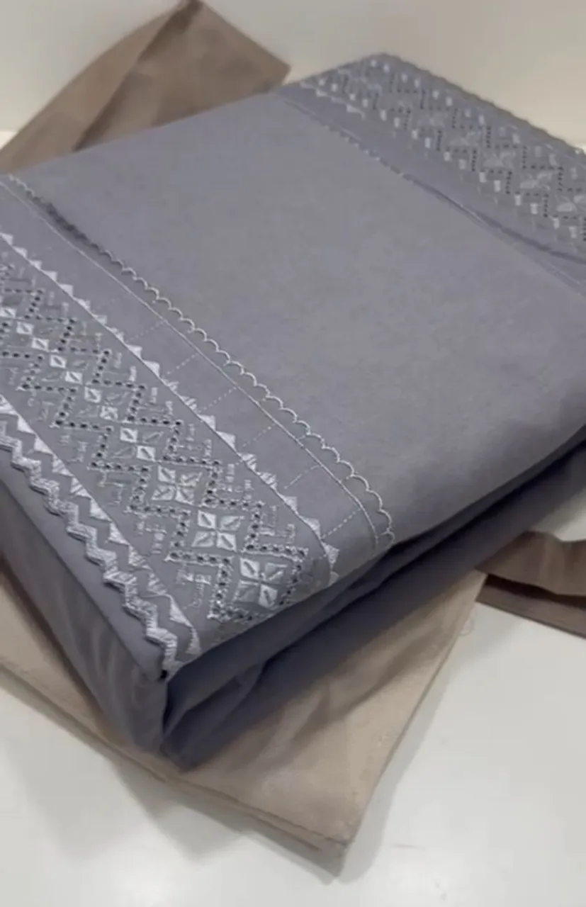 Kit de Lençóis casal Cinza Bordado Elegante