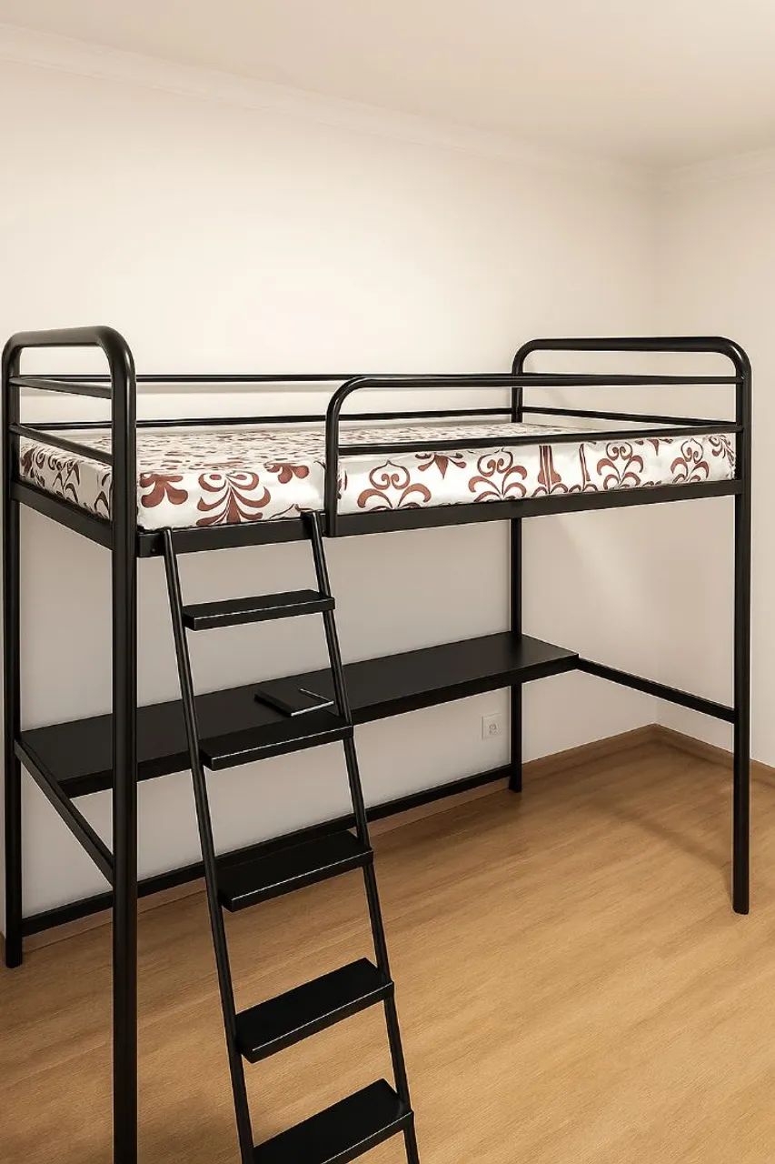 Cama solteiro com escrivaninha em aço - ideal para otimizar espaço<br>