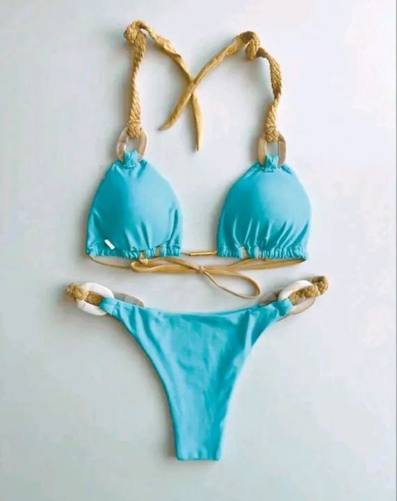 Biquíni azul com detalhes em dourado - Foto 3