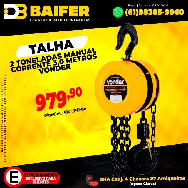 Talha 2 Toneladas Manual com Corrente 3,0 Metros Vonder