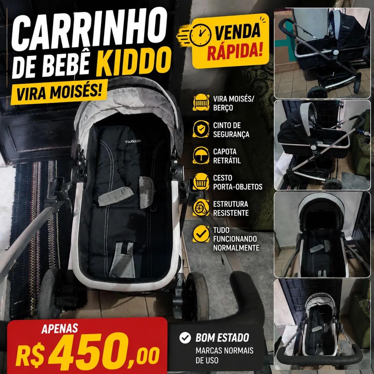 Carrinho de Bebê Kiddo Vira Moisés