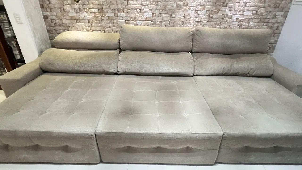 Sofá 6 lugares Retrátil Reclinável Suede cor Bege/Capuccino - Foto 5